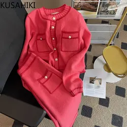 KUSAHIKI 2023 Spring Elegant Knitted Two Pieces Sets Long Sleeve O-neck Sweater Cardigan Coat + High Waist Slim Skirt Women