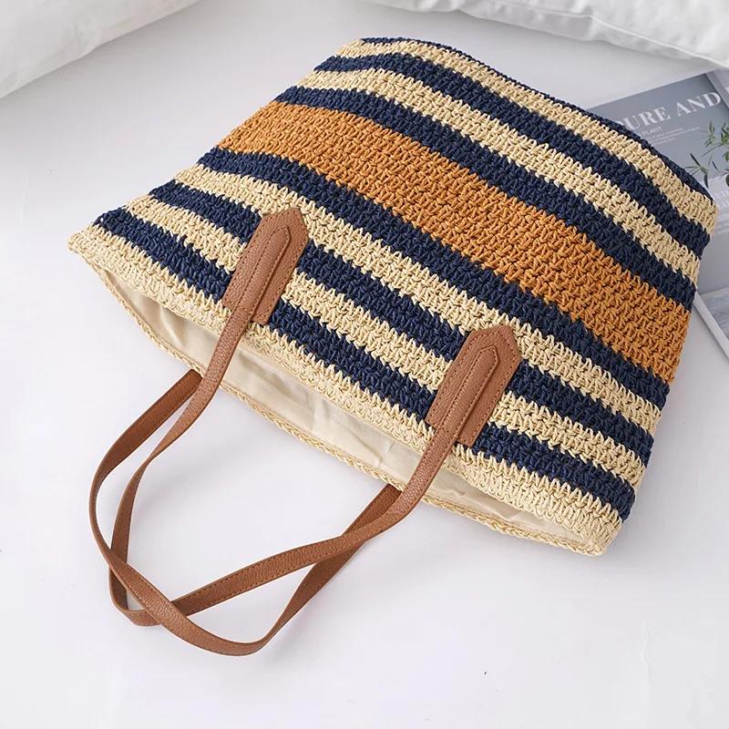 Large Capacity Casual Striped Woven Bag, Handmade Woven Bag, Vintage Handbag