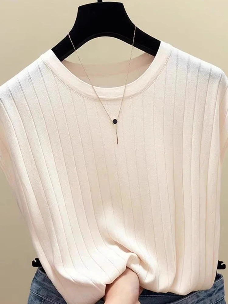 Faionable Pure Color Ice Silk Gestrickte runde Ne ort Sve Summer Thin Top Commute Sle Small ence High-End Feeling