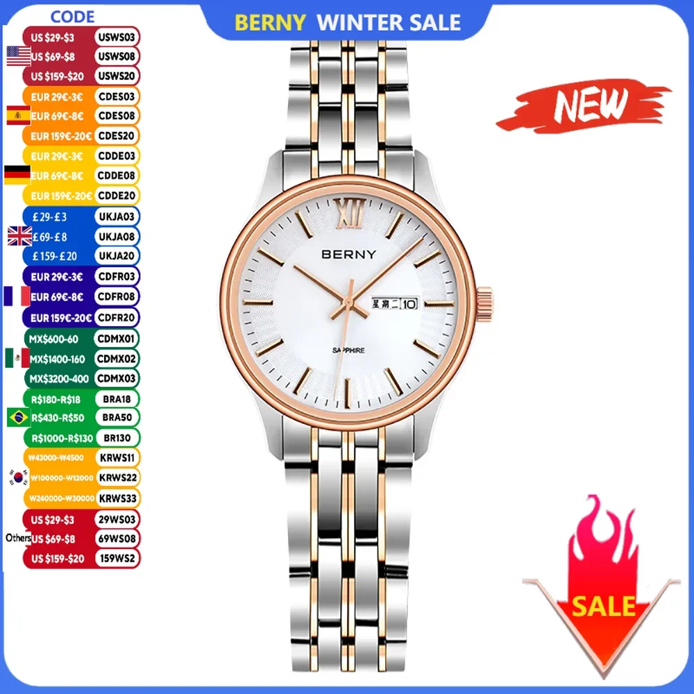 

BERNY Women's Quartz Watch Ladies Dress Wristwatch Stainless Steel Sapphire Glass Auto Date Waterproof Luxury Watches for Women