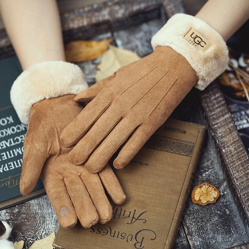 

Ветрозащитные перчатки с сенсорным экраном для женщин, зимние замшевые кожаные перчатки, полнопальцевые, женские, теплые, с плюшевой подкладкой, утолщенные, кашемировые перчатки