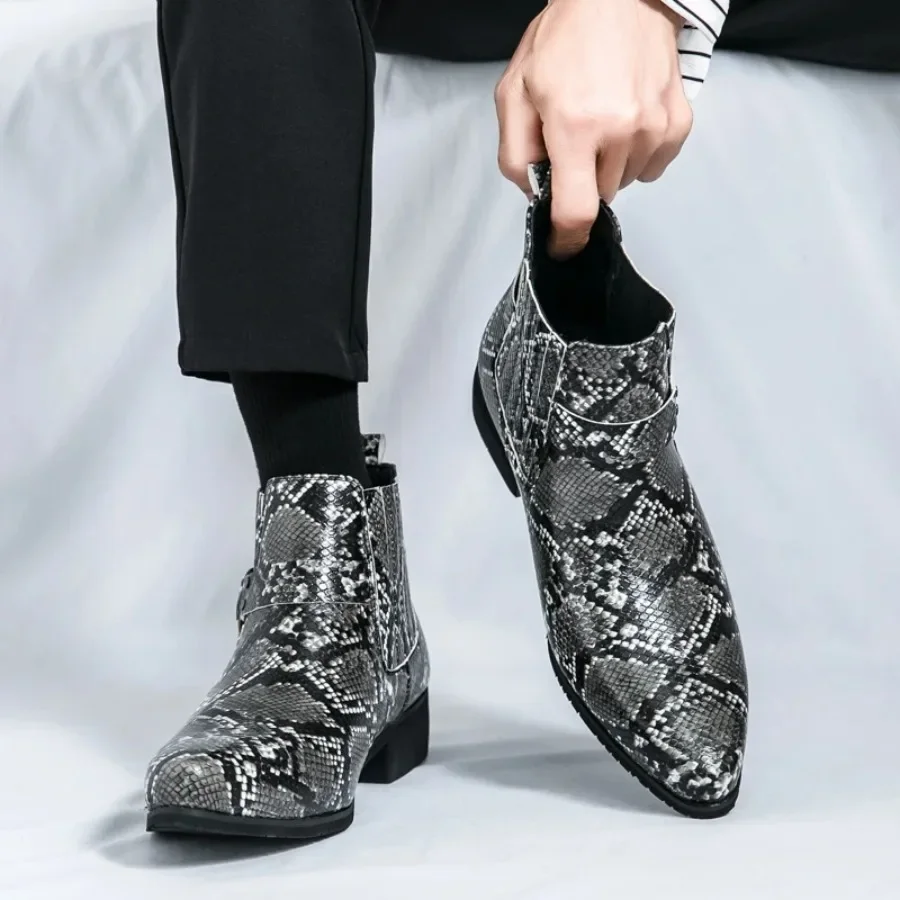 2025 New Men's Pointed Black White Chelsea Ankle Boots British Designer Botas Trend Casual High-tops Punk Rock Shoes - view 5