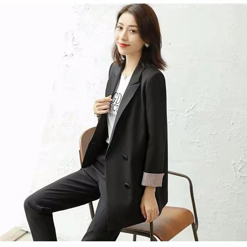 2022 Gaya Korea Baru Longgar Pas Blazer Jaket Kasual Musim Semi Hitam Mode Pakaian Kantor Wanita Ganda Breasted Jas Atasan