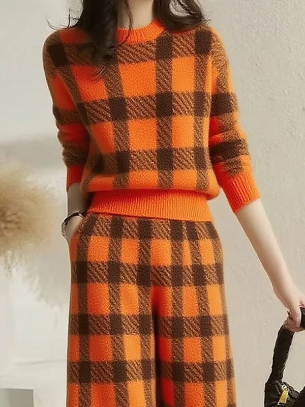 Modigirl النساء الحياكة الدافئة تمتد السراويل 2025 الخريف الشتاء خمر عادية التباين اللون منقوشة فضفاضة واسعة الساق السيدات قيعان #2