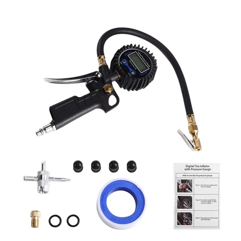 Auto Tire Inflator With Inflator 250 PSI Air Chuck Digital Tire Pressure Gauge Compressor Accessories Rubber Hose