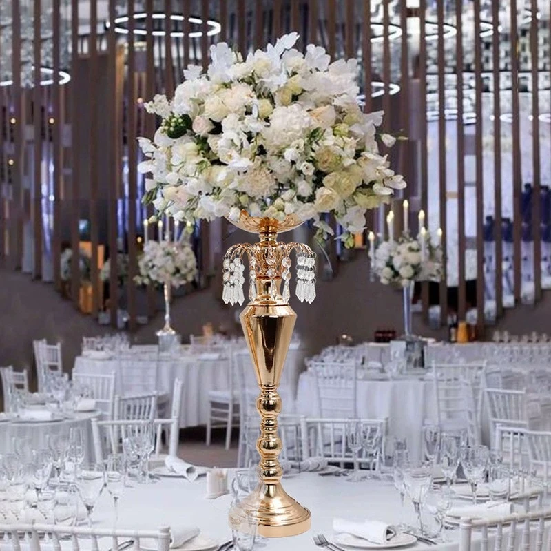 

Gold Metal Tall Artificial Flower Stand Wedding Decoration Candelabra Crystal Centerpieces
