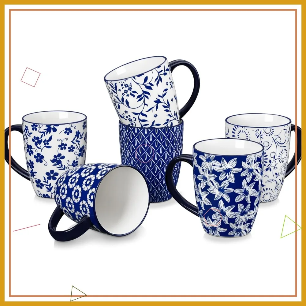 

Large 16 Oz Ceramic Coffee Mugs Set of 6, Vintage Blue Floral Design, Dishwasher & Microwave Safe