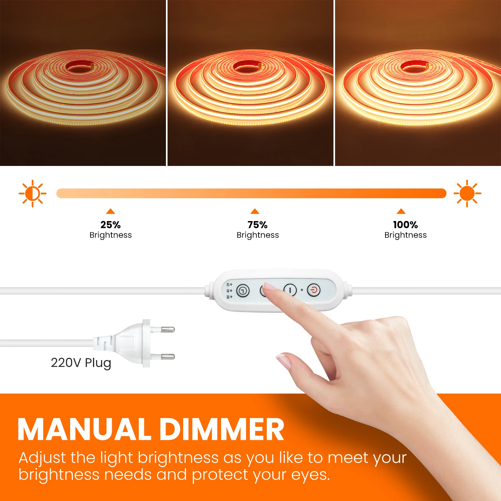 220V 230V Dimmable COB LED Strip Light Dimmer EU Power 3000K 4000K 6000K 288Led Bright Flex Tape Waterproof Room Linear Ligting