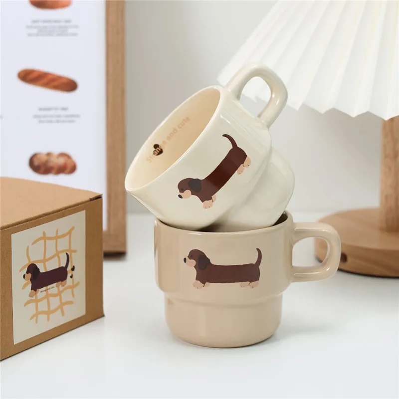 Cute Puppy Cartoon Cup with Coaster, Cute Dachshund Cup Mat Ceramic Mug, Water cup, Breakfast Milk Mug Creative Christmas Gift