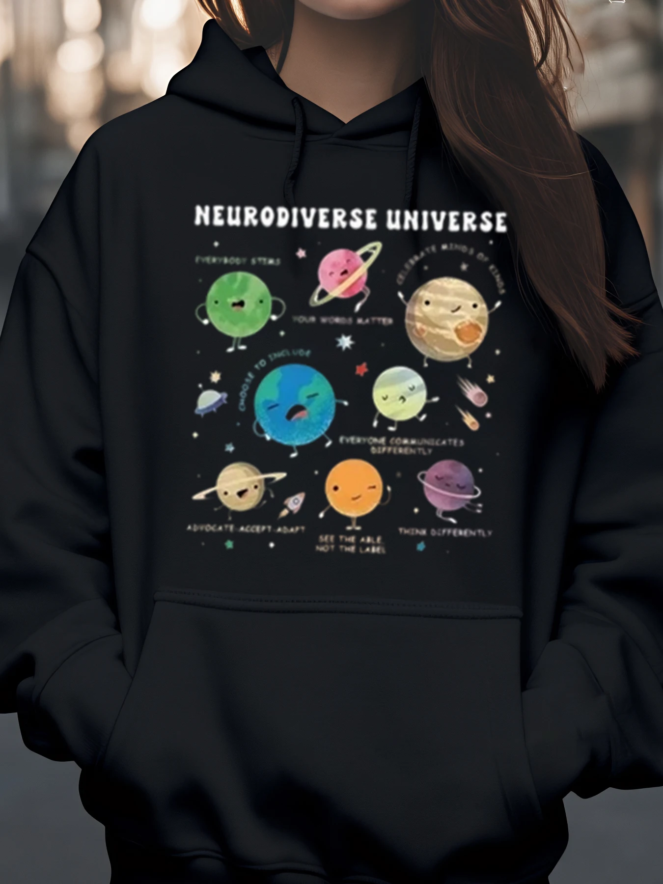 

Толстовка с принтом планеты Neurodiverse Universe для повседневной носки унисекс, посвященной нейродингенту