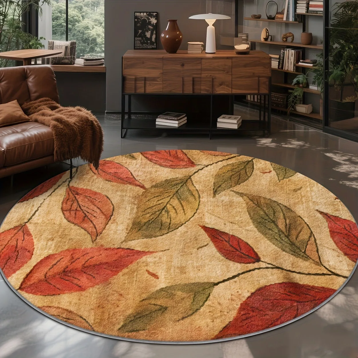 Retro Fall Foliage Round Rug, Antique‑Style Autumn Leaves Printed Circular Floor Mat for Living Room Bedroom Home Decor