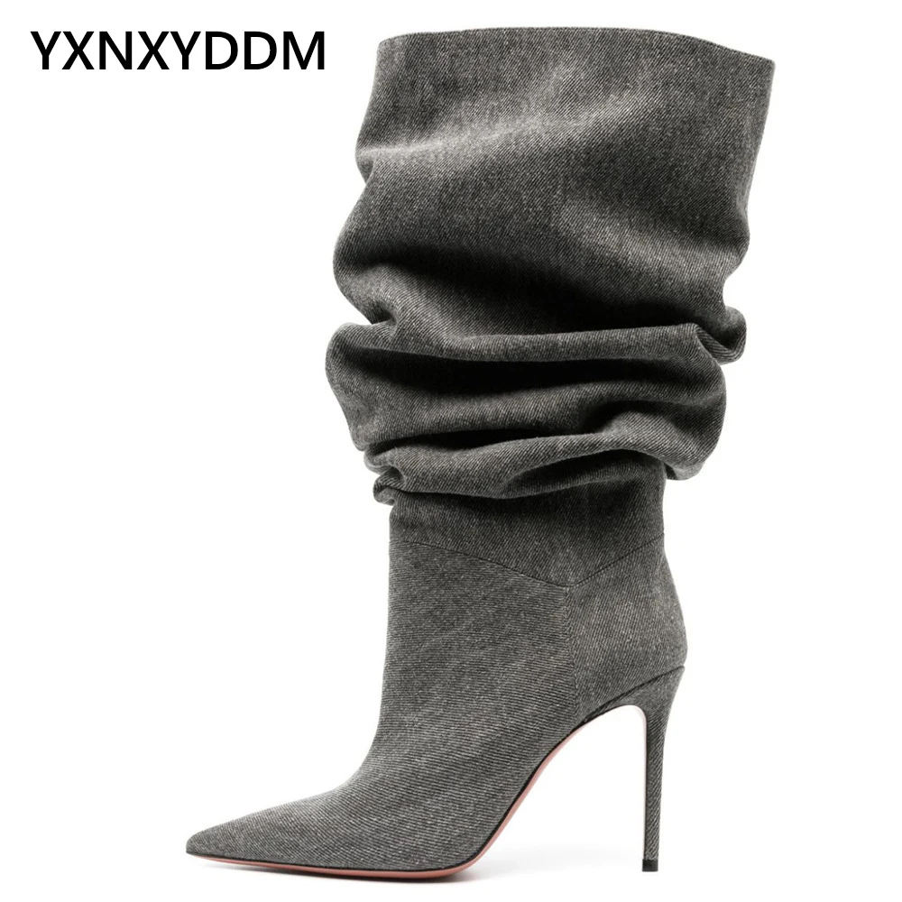 

2023 New Pointed Toe Black Cowboy Ruffle Knee High Boots for Women Stilettos High Heel Winter Long Boot Ladies Large Size Shoes