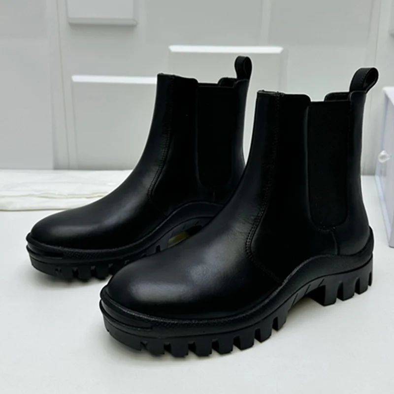 

Withered Women's Winter Boots British Fashion Chelsea Short Boots Thick Soled Cowhide Elastic Ankle Boots For Women