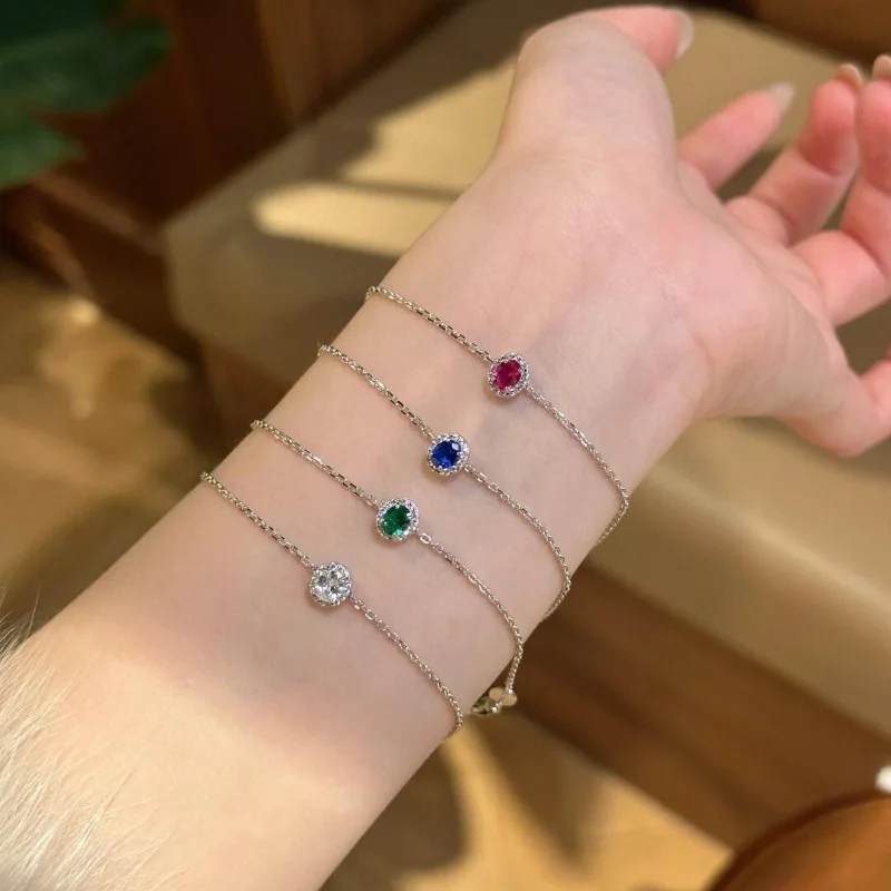 simple fine chain Light luxury full diamond surround exquisite bangles blue/red/white/green oval bracelet layering jewelry