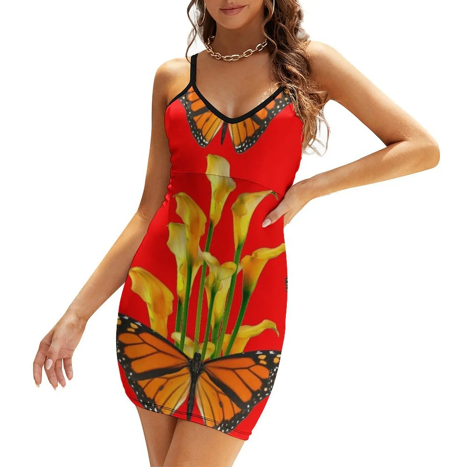 

RED ART MONARCH BUTTERFLIES & GOLDEN CALLA LILIES Sling Dress ladies dresses for women 2025 women's summer dress 2025