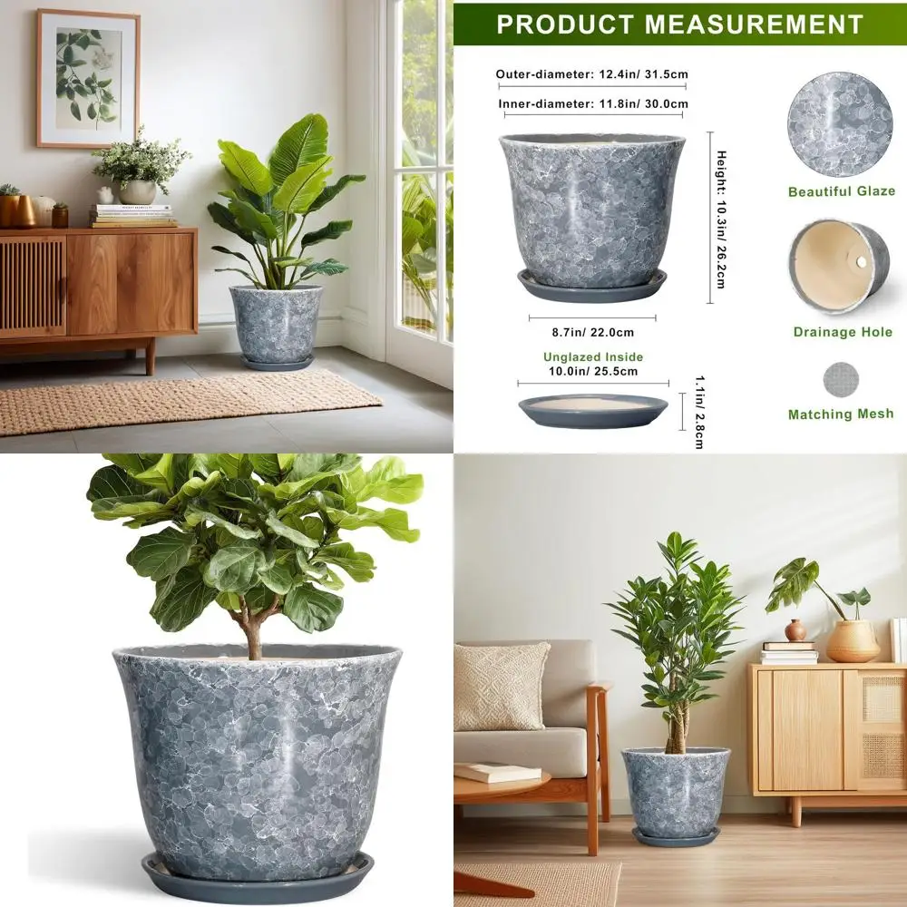 

Круглый цветочный горшок 12 дюймов с дренажем и поддоном - декоративные кашпо для дома и улицы, большие серые горшки для домашнего декора и подарков