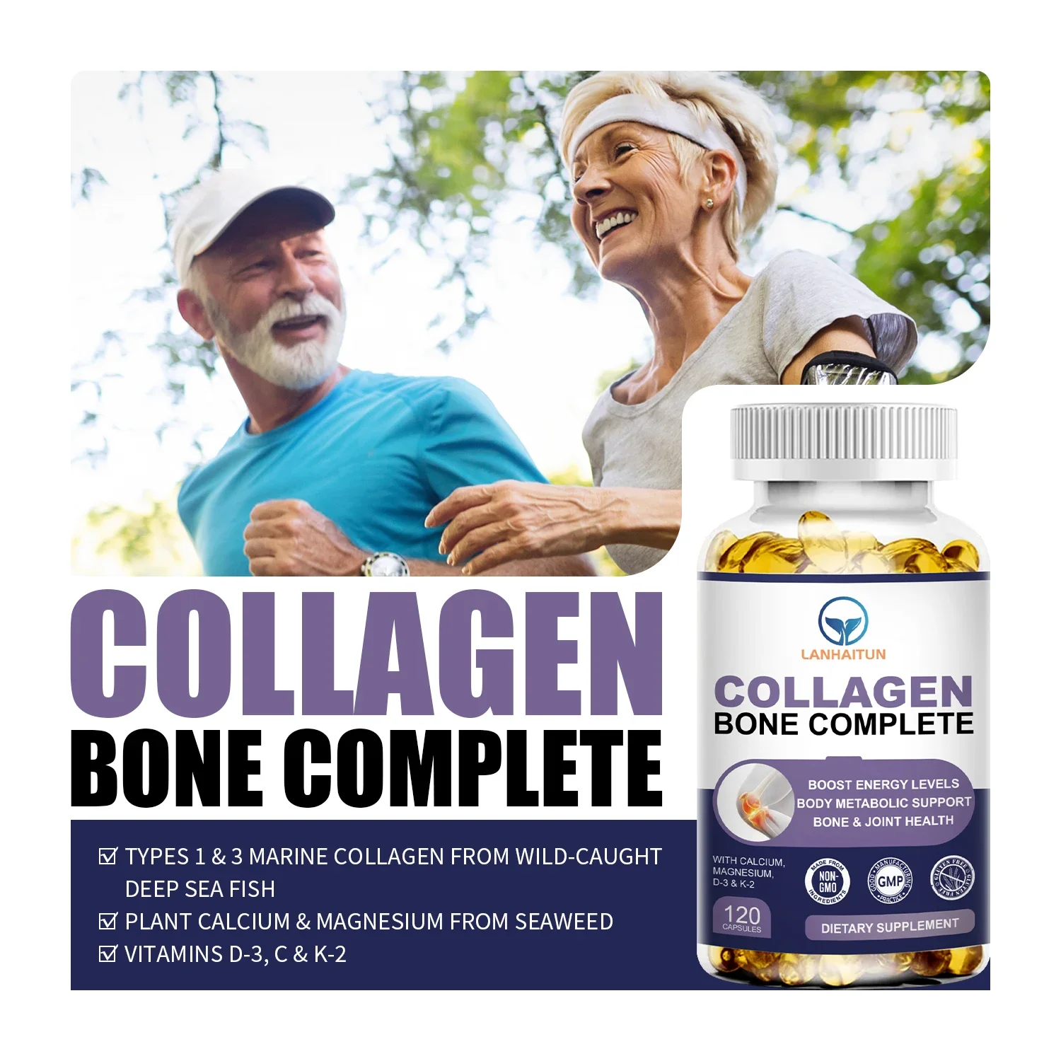 

LANHAITUN 120Pcs Collagen Bone Complete Capsules With D3&K2&Plant Calcium&Magnesium, Support Bone Growth, Collagen Production