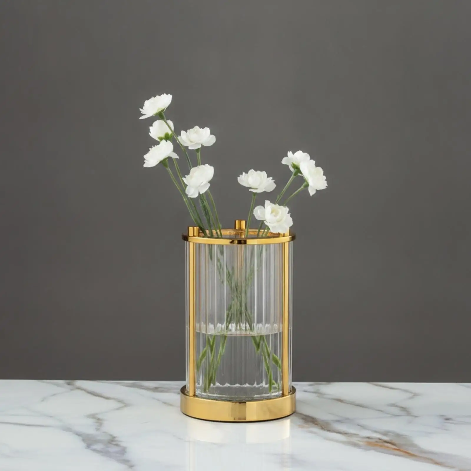 Ribbed Vase with Metal Frame Decorative Fluted Vase with Gold Base Vessel Transparent Decor Electroplated for Decorators