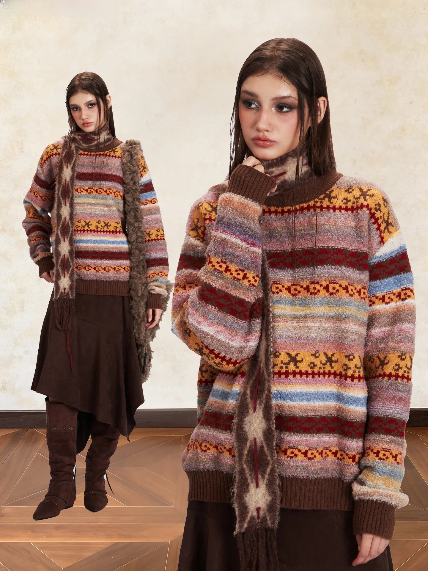 

ALL MY Retro Fair Isle Stripe Knit Sweater Women's Loose Winter Thiened Red Aosphere Feeling Long Sve round Ne Top