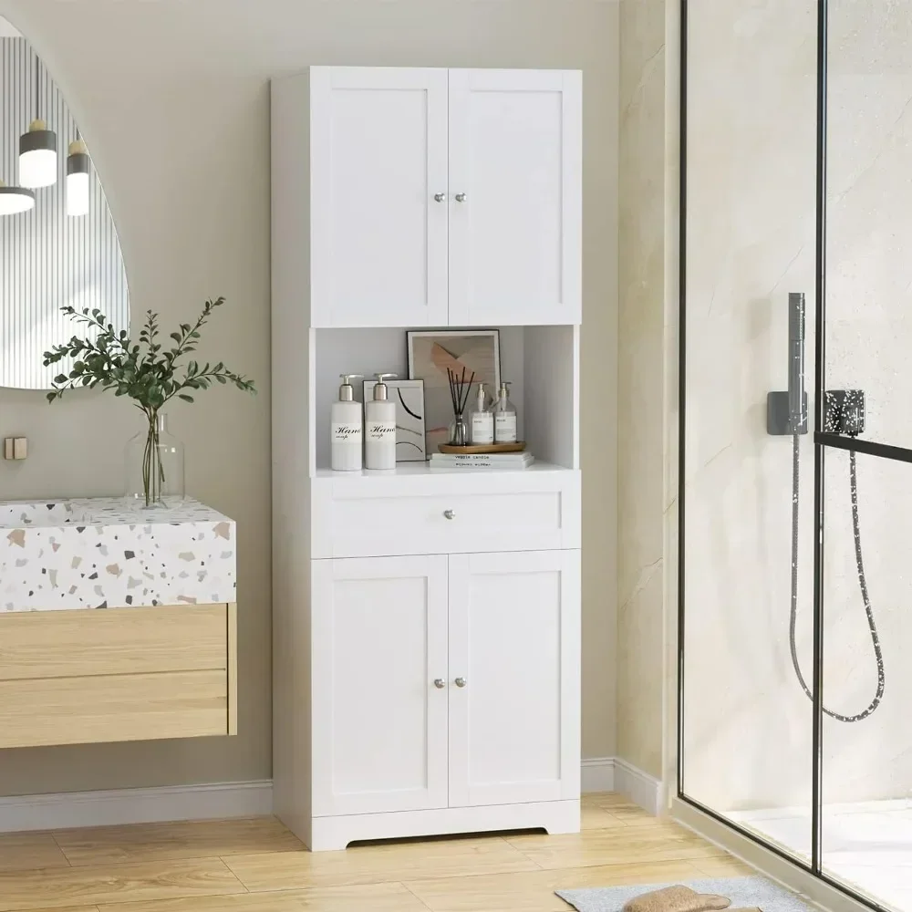 Tall Bathroom Storage Cabinets, Modern Linen Storage Cabinet with 4 Doors & Shelves & Drawer, 67