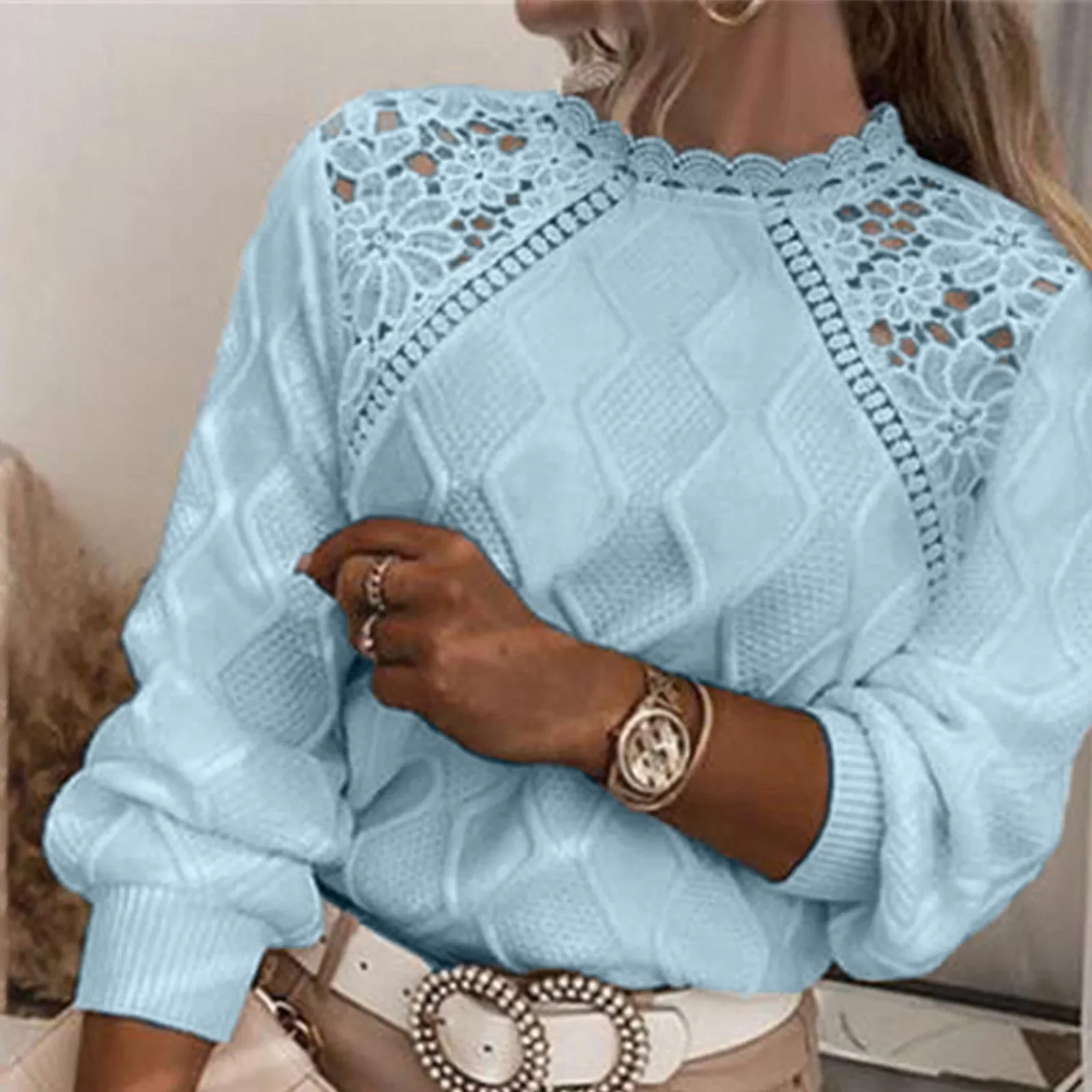 Elegant Lace Embroidered Hollow Knitting Sweater Women Casual Long Sleeve Solid Jumper Tops 2023 Fashion O-neck Loose Pullovers