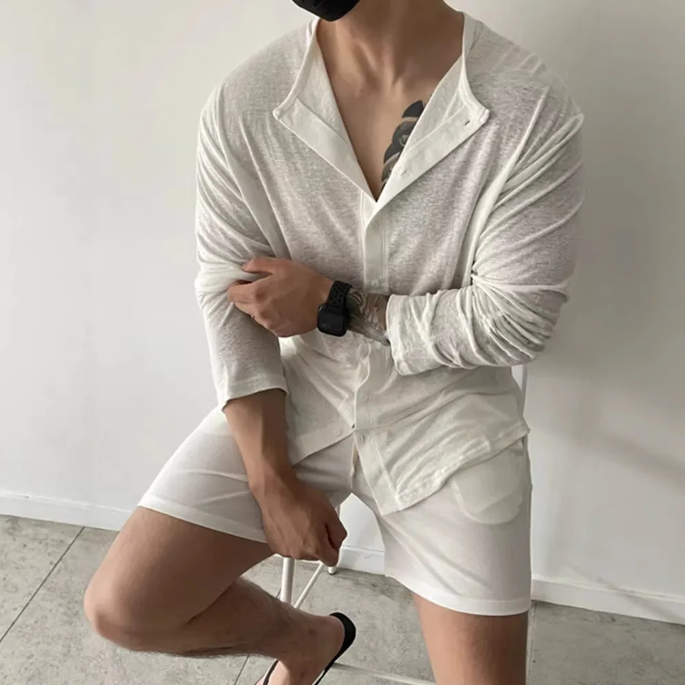 Ice Silk Linen Blend Lightweight Sheer Slim Long Sleeve Round Neck Tencel Shirt Men's Casual Sun Protection Top