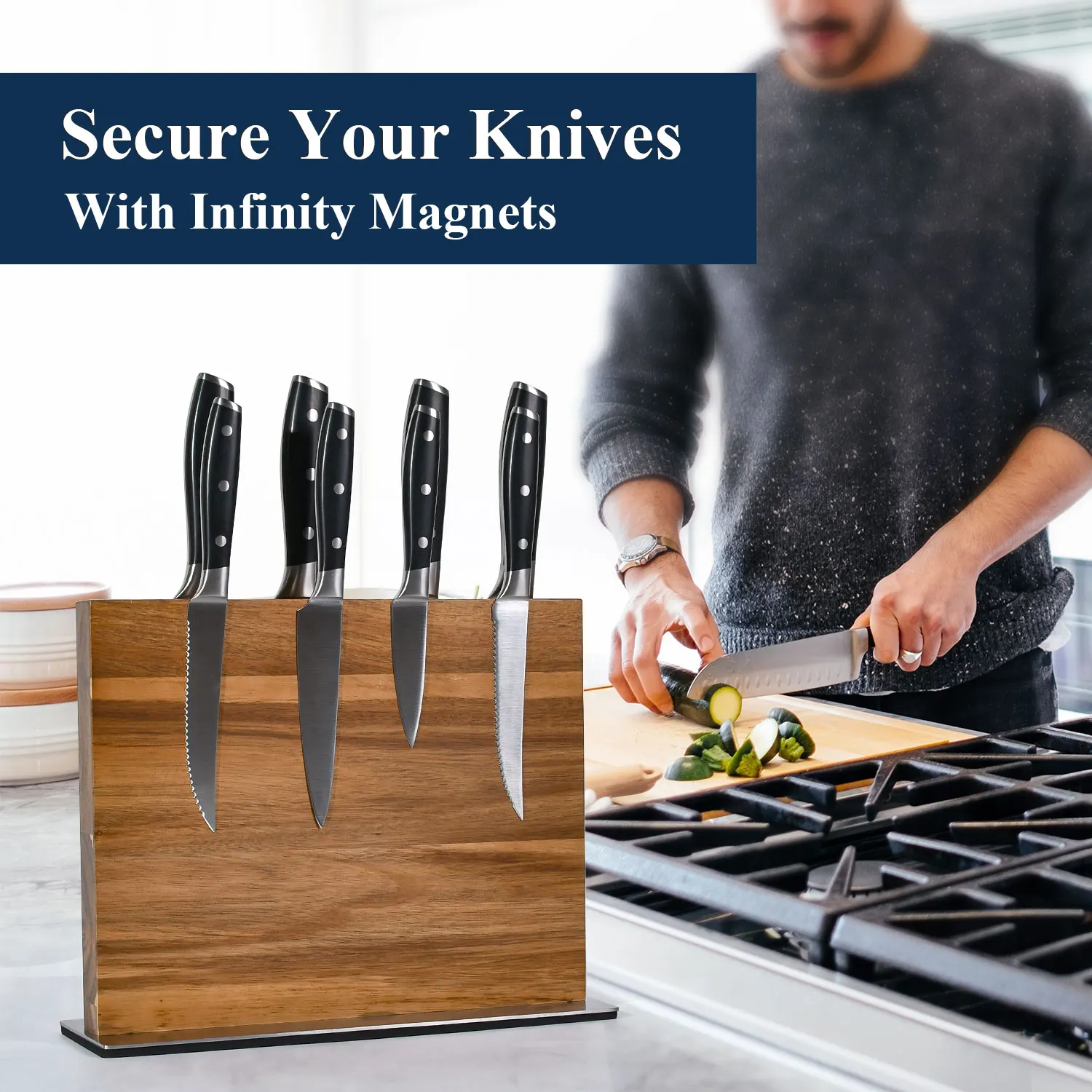 High Quality Magnetic Knife Block Powerful Double-Sided Acacia Wood Magnetic Knife Holder for Easy-Access Kitchen Knife Storage
