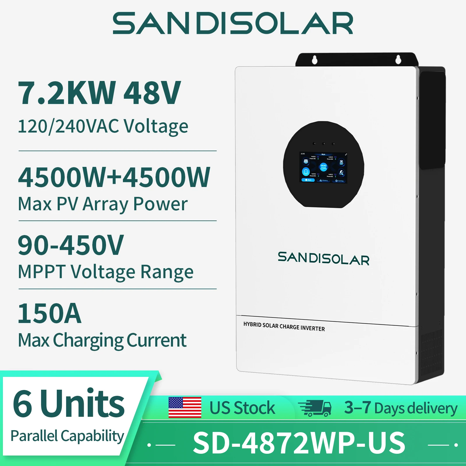 

SANDISOLAR 7.2KW 48V Solar Hybrid Inverter with 150A Fast Charging 240V Split Phase Output 7200W Off Grid Inverter for Lead Acid Lithium Battery System