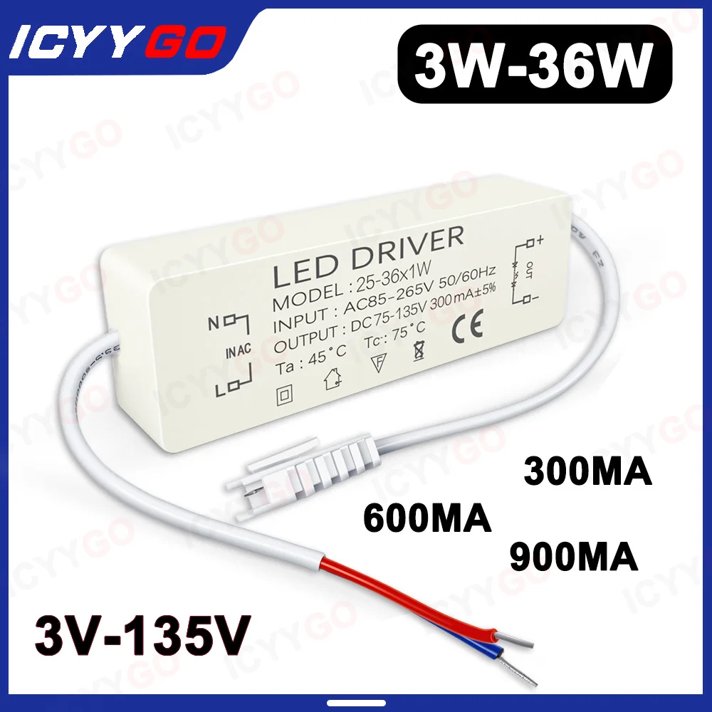 300mA 600mA 900mA LED Drivers 5W 4-7W 8-12W 12-18W 18-25W 25-36W LED Power Supply Lighting Transformer Constant Current Driver