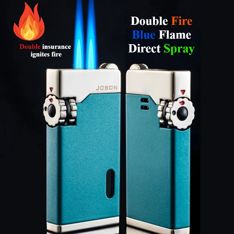 Nuevo encendedor inflable de butano de metal a prueba de viento para exteriores, linterna doble creativa, turbina de llama azul, encendedor de cigarrillos de chorro de alta presión
