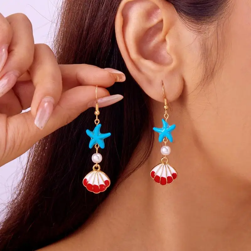 Fashion Ocean Style Shell Starfish Drop Earrings For Women Boho Enamel Seashell Conch Dangle Earrings Beach Party Jewelry