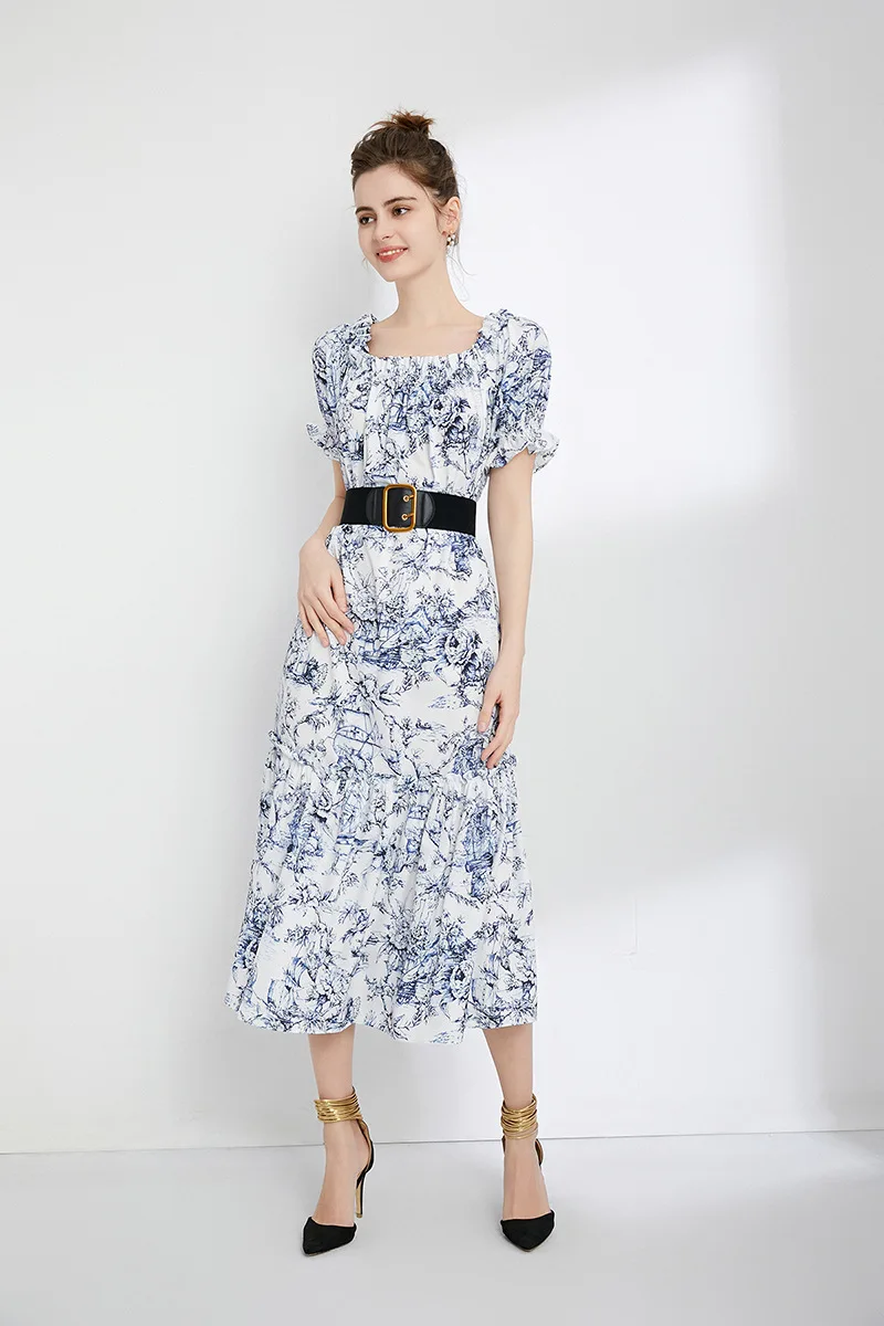 Women's Runway Dresses Slash Neckline Short Sleeves Printed Ruffles High Street Floral Holiday Mid Vestidos