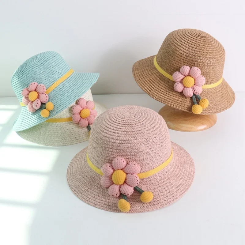 Girls Solid Color Flower Decorated Woven Hat Children\'s Spring and Summer Cute Fisherman Hat Baby Big Brim Outdoor Sunshade Hat