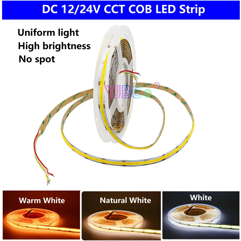 

5M CCT COB LED Strip Light DC 12V 24V 608LEDS/m 2700K-6500K High Density Flexible Dimmable FOB Linear Light Tape 8/10MM PCB