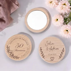 7CM Personalised Wooden Mirror Customized Wedding Party Favor For Guests Wood Mirror Portable Round Compact Pocket Mirror