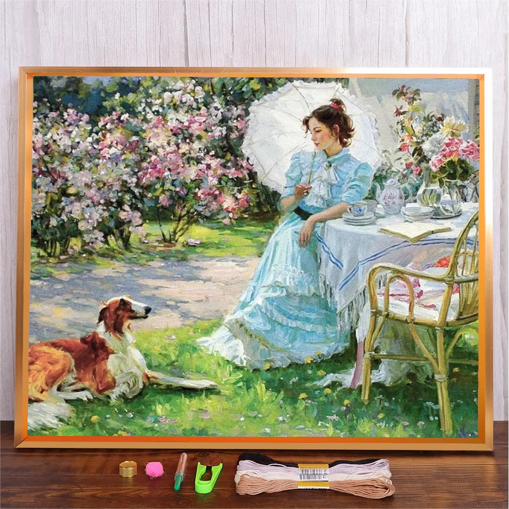 

Garden Girl Landscape Pattern Thread Embroidery Kit DIY Hand Sewing Embroidery Craft Cross-Stitch Kit Embroidery Needlework Gift