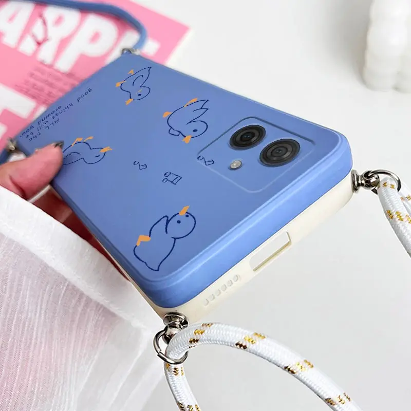 G54 Happy Duck Crossbody Lanyard Silicone Phone Case For Motorola Moto G54 G53 G82 G22 G84 G52 G50 G20 G42 G14 G34 G30 G72 Cover