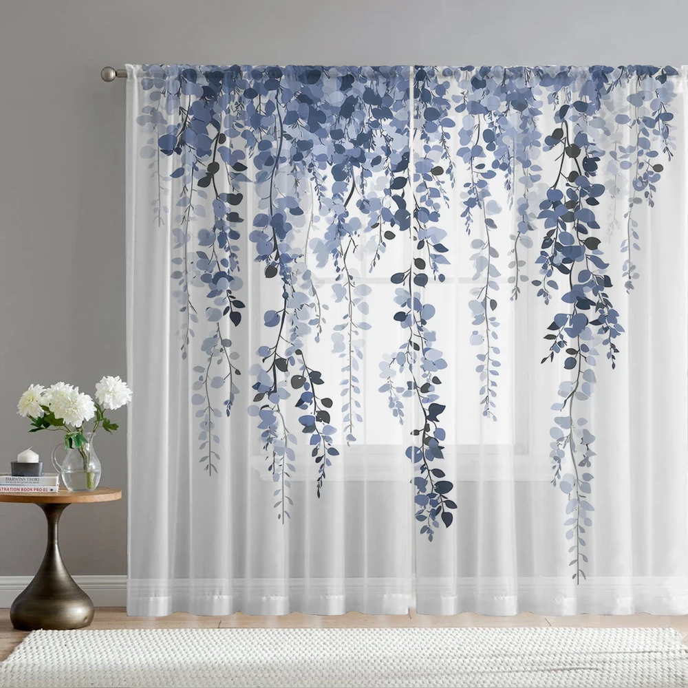 2PCS Home decoration blue butterfly printed window screens with pole bags, suitable for kitchens, cafes, and living rooms