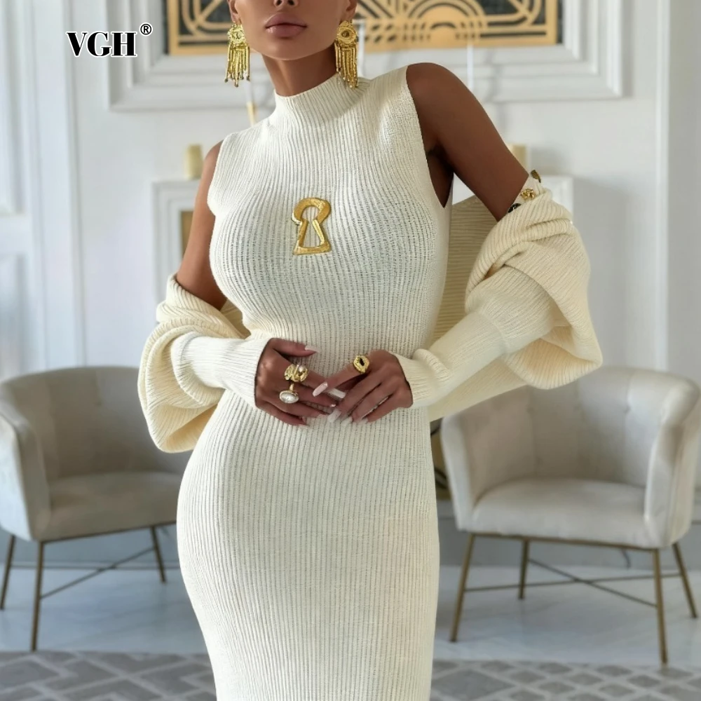 

VGH сексуальный комплект из двух предметов для женщин, воротник-стойка, без рукавов, с высокой талией, облегающее платье-жилет, пальто с длинными рукавами, вязаный женский костюм