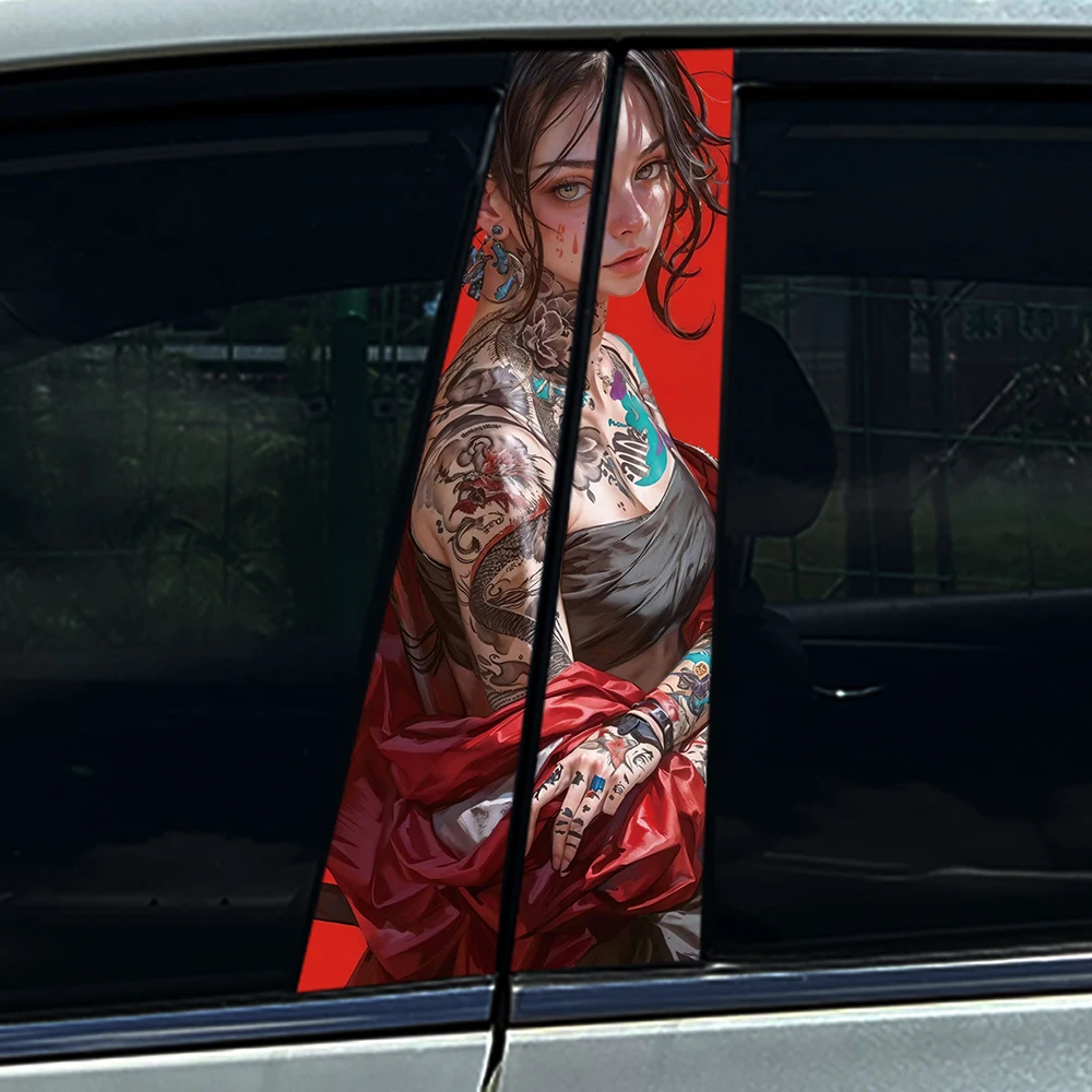 

2 шт. красочные наклейки на автомобиль с изображением девушки с татуировкой, водонепроницаемая виниловая наклейка, аниме-декор с красным плащом для женских окон, автомобильный аксессуар