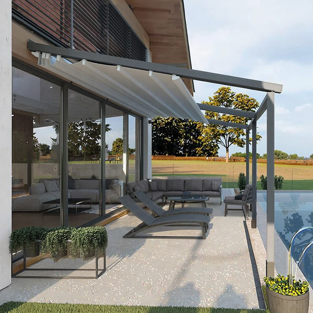Aluminum Outdoor Garden Pergola Telescopic Folding Roof System Electrically-powered Waterproof Rainproof Eco-Friendly Nature