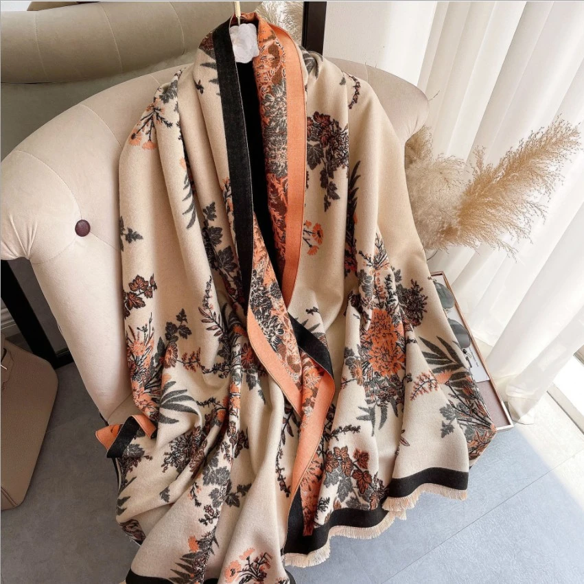 2024 Elegant Floral Painting Cashmere Scarf for Women Warm Winter Pashmina Shawl Foulard Femme Blanket Scarves Wraps