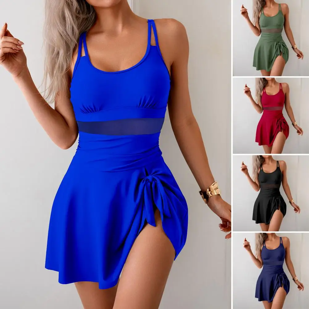 Sexy Strandbadebekleidung, stilvoller einteiliger Badeanzug mit Netznähten und hoher Taille, geknoteter Saum, ärmelloser Monokini mit U-Ausschnitt für Damen