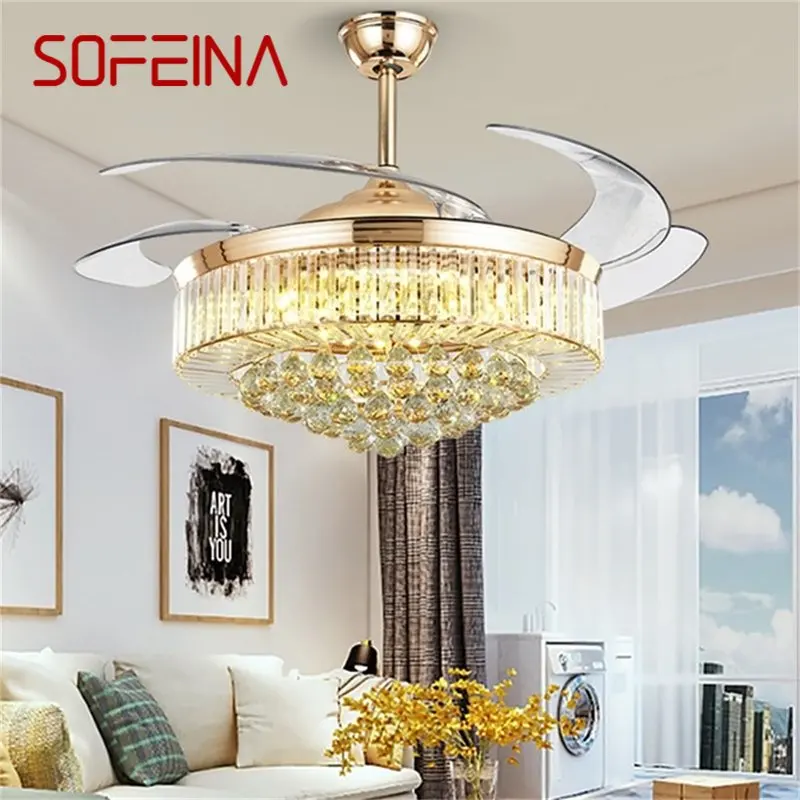 

SOFEINA Ceiling Fan Light Invisible Luxury Crystal Silvery LED Lamp With Remote Control Modern For Home