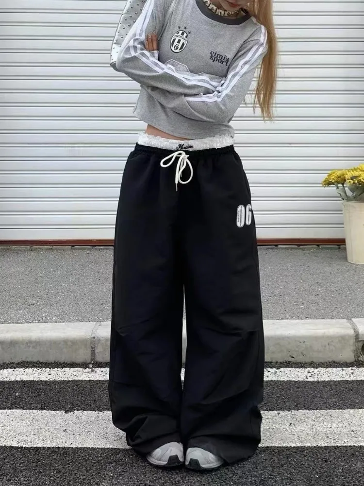 

HOUZHOU Vintage Y2k Baggy Black Sweatpants Woman Oversize Korean Style Sports Pants Laces Patchwork Harajuku Streetwear Trousers