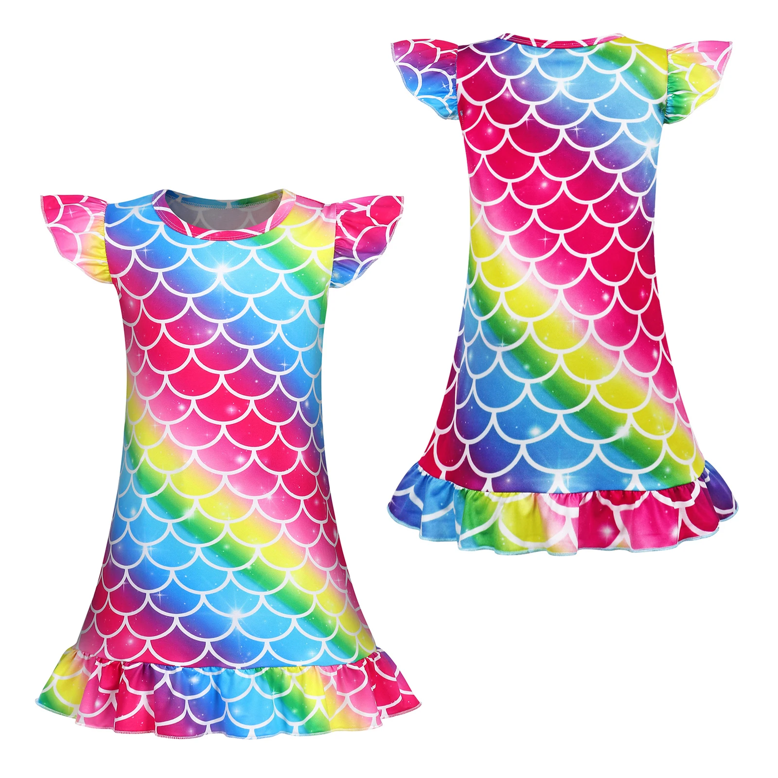 Girls Mermaid Nightgowns Kids Rainbow Nightie Nightdress Short Sleeve Nighties Dressing Child Sleeping Outfit