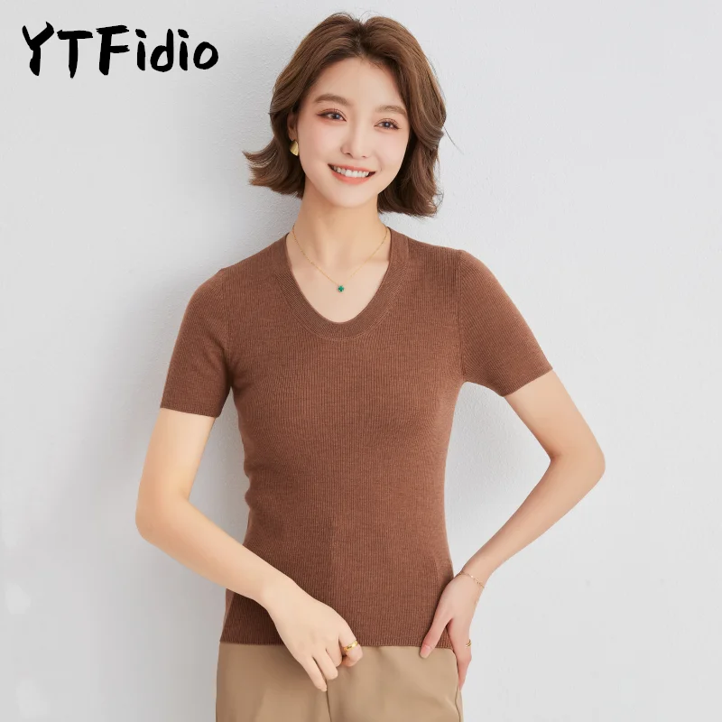 

YTFidio Women 100% Wool U-neck Casual Half-sleeved Solid Knitwear Pullover Basic Female Tops Sweater 07