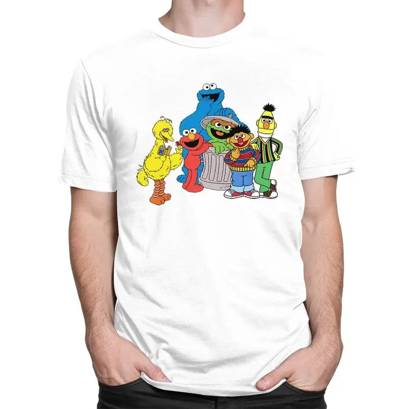 Sesame Street Cartoon Tshirt for Men Short Sleeves Print T Shirt Stylish Elmo Big Bird T-shirt Fit Cotton Tee Tops Merchandise