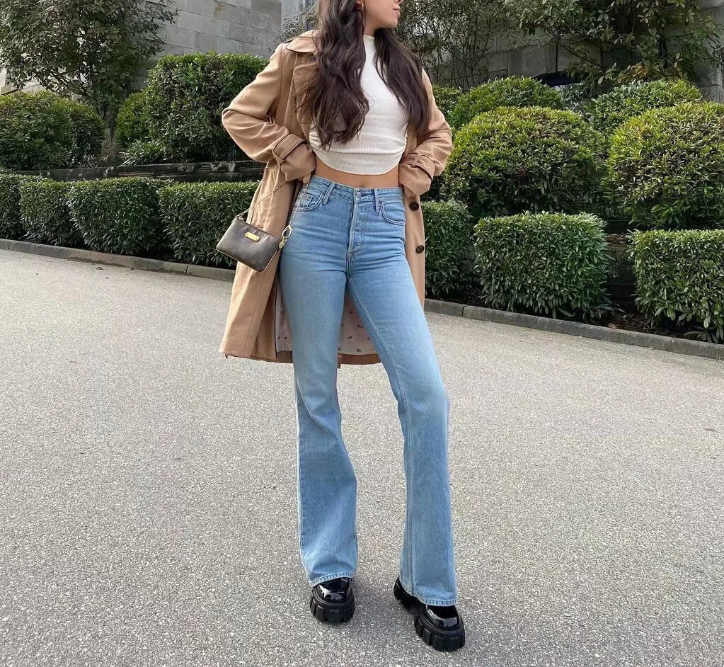 봄 새로운 미국 복고풍 높은 허리 바닥 길이 청바지 여성 세련된 슬리밍 유행 일치 마이크로 라이트 긴 바지