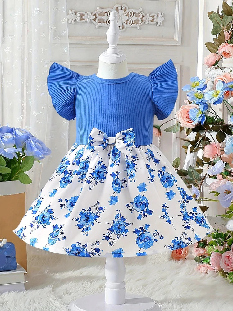 1pcs Summer Baby Girl Dress Blue Flower Bow accessori per bambini dolci e carini